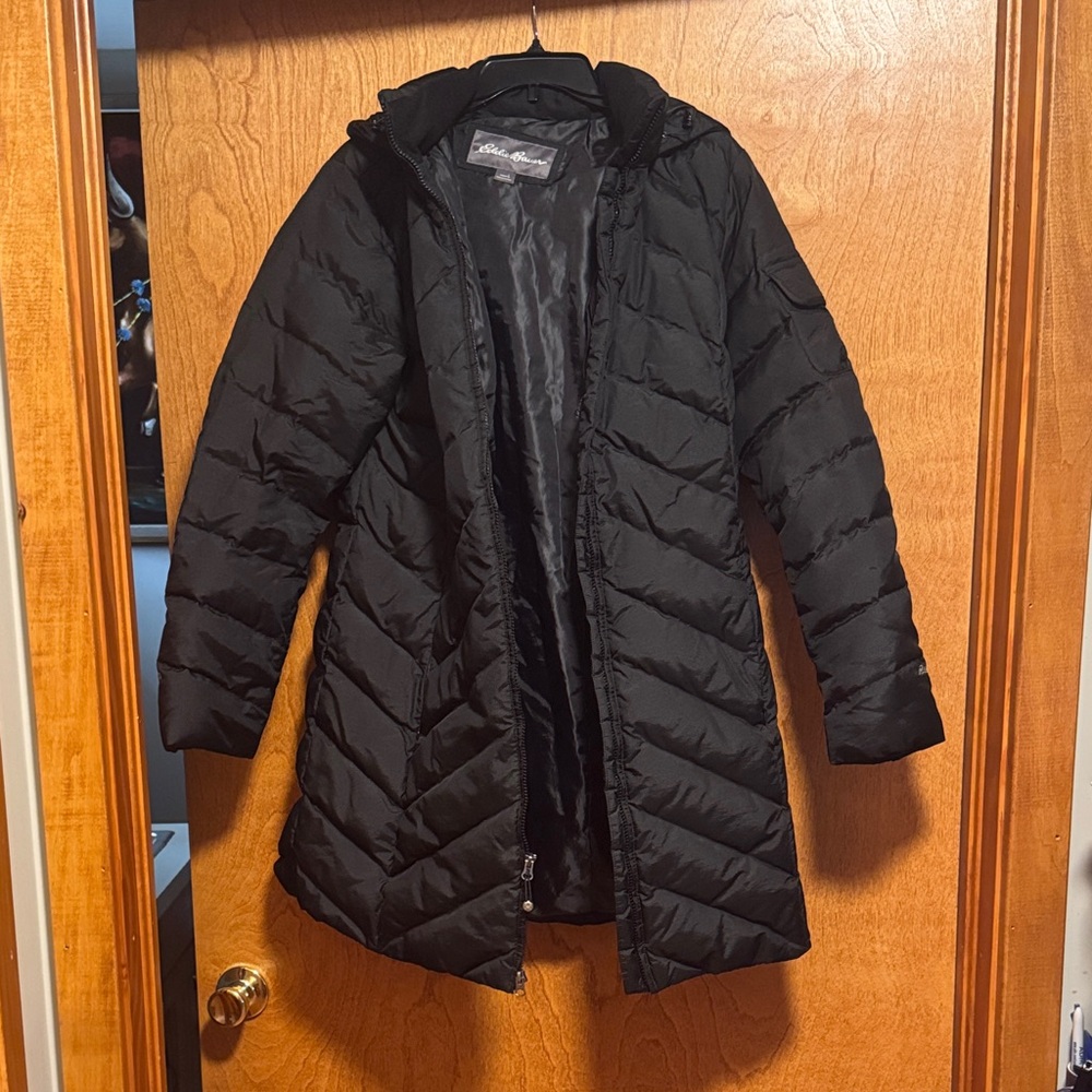 Eddie Bauer Women's Black Long Quilted Hooded Puffer Coat